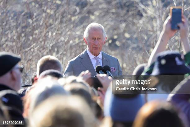 Prince Charles, Prince of Wales says a few remarks at the Ceremonial Circle on day three of their Platinum Jubilee Royal Tour of Canada on May 19,...