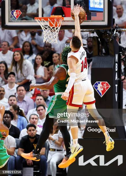 Tyler Herro of the Miami Heat blocks a layup by Marcus Smart of the Boston Celtics during the first quarter in Game Two of the 2022 NBA Playoffs...