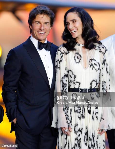 Tom Cruise and Jennifer Connelly attend the UK premiere and Royal Film Performance of 'Top Gun: Maverick' in Leicester Square on May 19, 2022 in...