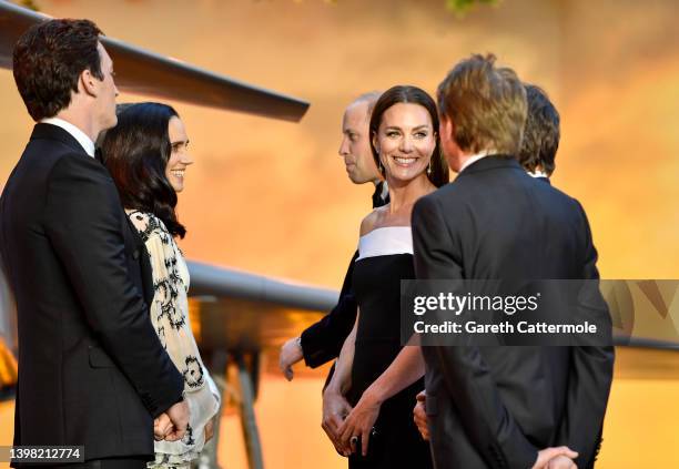 Prince William, Duke of Cambridge and Catherine, Duchess of Cambridge speak with Miles Teller, Jennifer Connelly and producer Jerry Bruckheimer as...