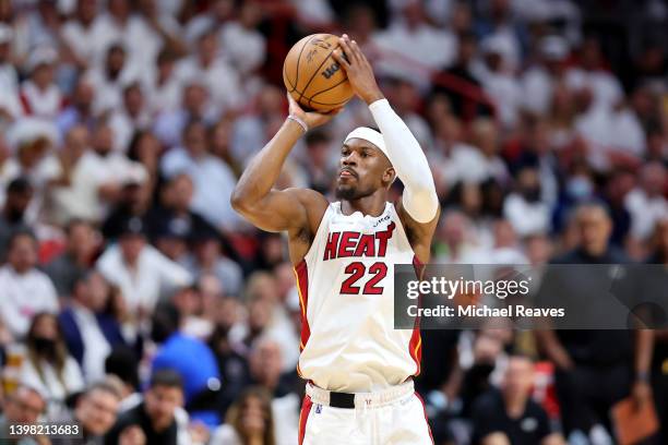 Jimmy Butler of the Miami Heat shoots the ball during the first quarter against the Boston Celtics in Game Two of the 2022 NBA Playoffs Eastern...