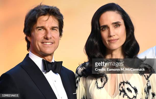Tom Cruise and Jennifer Connelly attend the Royal Film Performance and UK Premiere of "Top Gun: Maverick" at Leicester Square on May 19, 2022 in...