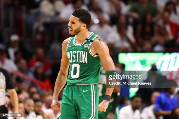 Jayson Tatum of the Boston Celtics celebrates a basket during the second quarter against the Miami Heat in Game Two of the 2022 NBA Playoffs Eastern...