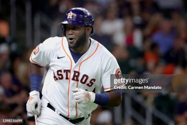 Yordan Alvarez of the Houston Astros walks during the fifth inning against the Texas Rangers at Minute Maid Park on May 19, 2022 in Houston, Texas.