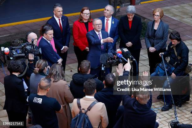 Labor Leader Anthony Albanese speaks at a press conference during a visit to Cabra Dominican College on May 20, 2022 in Adelaide, Australia. The...