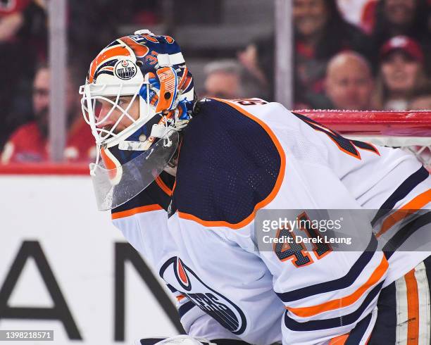Mike Smith of the Edmonton Oilers in action against the Calgary Flames during Game One of the Second Round of the 2022 Stanley Cup Playoffs at...