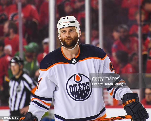 Zack Kassian of the Edmonton Oilers in action against the Calgary Flames during Game One of the Second Round of the 2022 Stanley Cup Playoffs at...