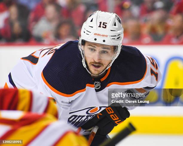 Josh Archibald of the Edmonton Oilers in action against the Calgary Flames during Game One of the Second Round of the 2022 Stanley Cup Playoffs at...