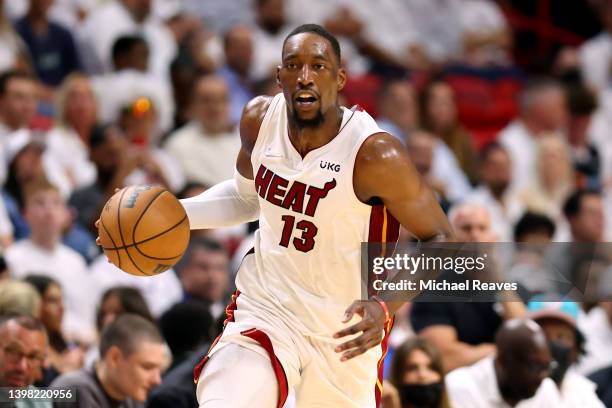 Bam Adebayo of the Miami Heat brings the ball up court during the second quarter against the Boston Celtics in Game Two of the 2022 NBA Playoffs...