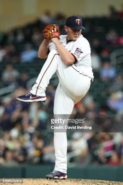Tyler Duffey of the Minnesota Twins delivers a pitch against the Oakland Athletics in the eighth inning of the game at Target Field on May 6, 2022 in...