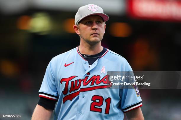 Tyler Duffey of the Minnesota Twins looks on after pitching to the Oakland Athletics in the eighth inning of the game at Target Field on May 8, 2022...