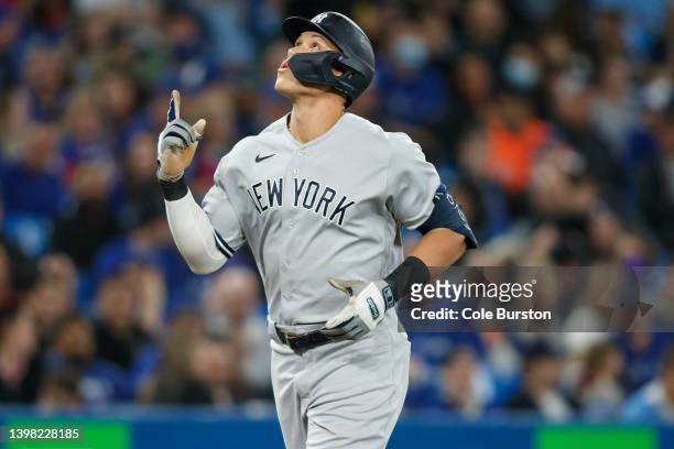 Aaron Judge of the New York Yankees rounds the bases on a solo home run in the sixth inning of their MLB game against the Toronto Blue Jays at Rogers...