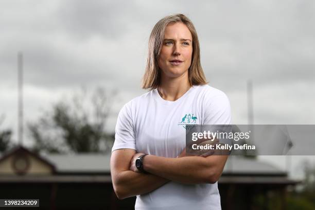 Ellyse Perry poses during the Australian 2022 Commonwealth Games T20 Women's Cricket squad announcement at Edinburgh Cricket Club on May 20, 2022 in...