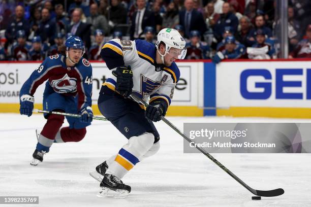 Vladimir Tarasenko of the St Louis Blues advances the puck against the Colorado Avalanche in the first period during Game Two of the Second Round of...