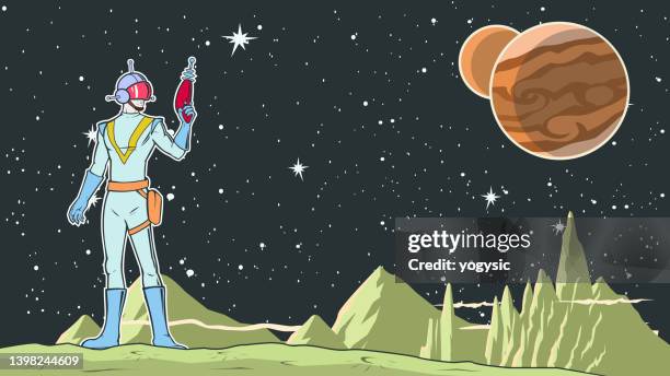 bildbanksillustrationer, clip art samt tecknat material och ikoner med vector retro pop art space ranger on a planet stock illustration - vintage stock illustrations