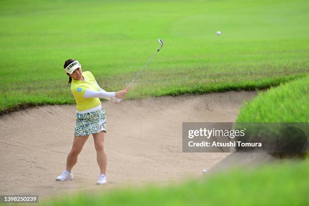 Chie Arimura hits out from a bunker on the 4th hole during the second round of Bridgestone Ladies Open at Sodegaura Country Club Sodegaura Course on...