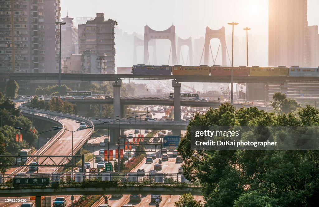 Chongqing metro and elevated road sunrise