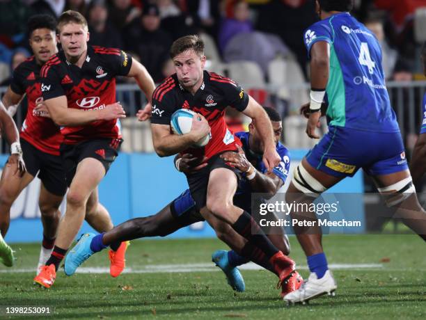 Fergus Burke of the Crusaders in action during the round 14 Super Rugby Pacific match between the Crusaders and the Fijian Drua at Orangetheory...