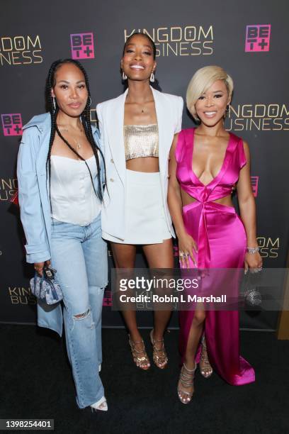 La'Myia Good, Kiandra Richardson and Serayah attend "Kingdom Business" Private Screening at NeueHouse Los Angeles on May 19, 2022 in Hollywood,...