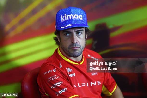 Fernando Alonso of Spain and Alpine F1 looks on in the Drivers Press Conference prior to practice ahead of the F1 Grand Prix of Spain at Circuit de...