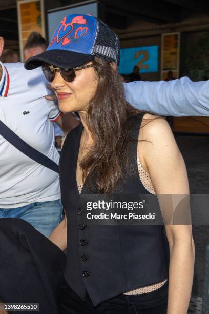 Actress Marion Cotillard is seen arriving ahead of the 75th annual Cannes film festival at Nice Airport on May 20, 2022 in Nice, France.