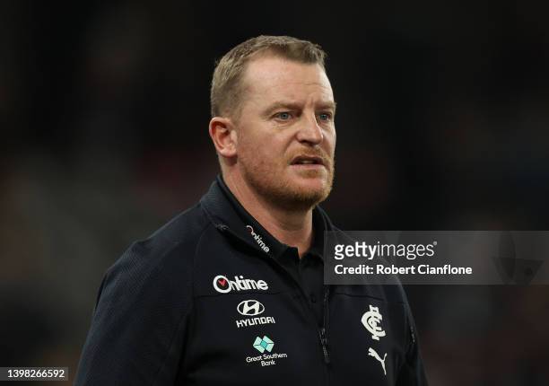 Blues coach, Michael Voss is seen prior to the round 10 AFL match between the Carlton Blues and the Sydney Swans at Marvel Stadium on May 20, 2022 in...