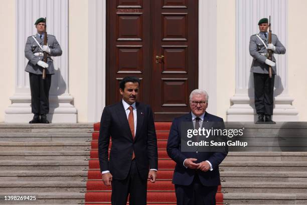 German President Frank-Walter Steinmeier welcomes Sheikh Tamim bin Hamad al Thani, Emir of Qatar, at Schloss Bellevue on May 20, 2022 in Berlin,...