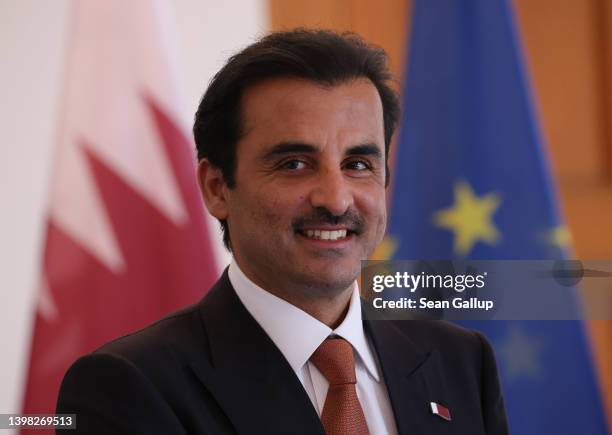 Sheikh Tamim bin Hamad al Thani, Emir of Qatar, arrives at Schloss Bellevue to meet with German President Frank-Walter Steinmeier on May 20, 2022 in...