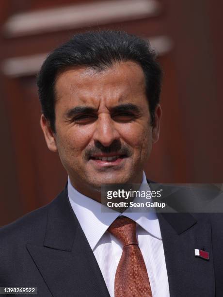 Sheikh Tamim bin Hamad al Thani, Emir of Qatar, arrives at Schloss Bellevue to meet with German President Frank-Walter Steinmeier on May 20, 2022 in...