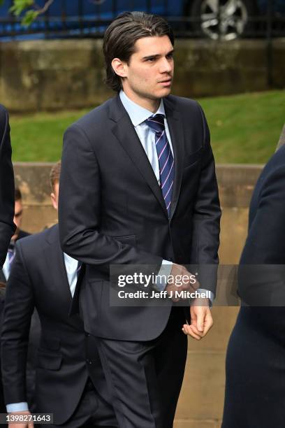 Footballer Ianis Hagi arrives for the funeral service of of Rangers kit man Jimmy Bell at Wellington Church on May 20, 2022 in Glasgow, Scotland....