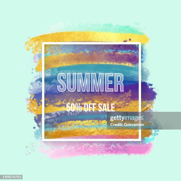 stockillustraties, clipart, cartoons en iconen met summer sale poster. hand drawn gold foil textured multi colored paint brush strokes background. vibrant colored brush strokes clip art. elegant texture design element for greeting cards, business cards and labels, abstract background. - navy watercolor swatch