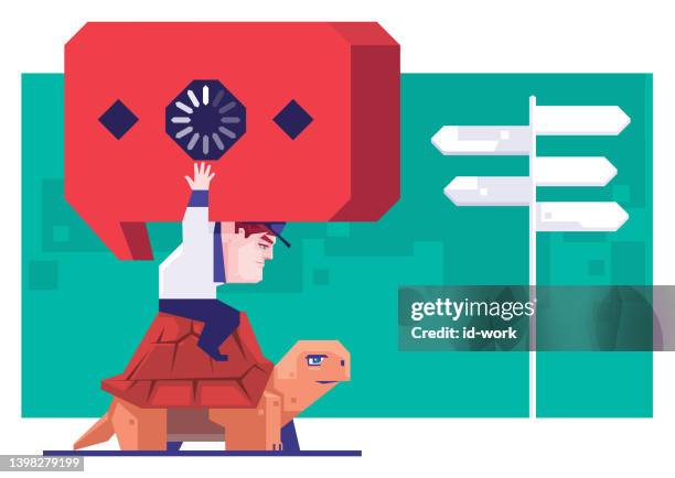 courier holding loading speech bubble and riding turtle - computer virus removal stock illustrations