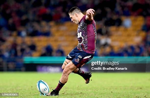 James O'Connor of the Reds kicks a penalty conversion during the round 14 Super Rugby Pacific match between the Queensland Reds and the Moana...