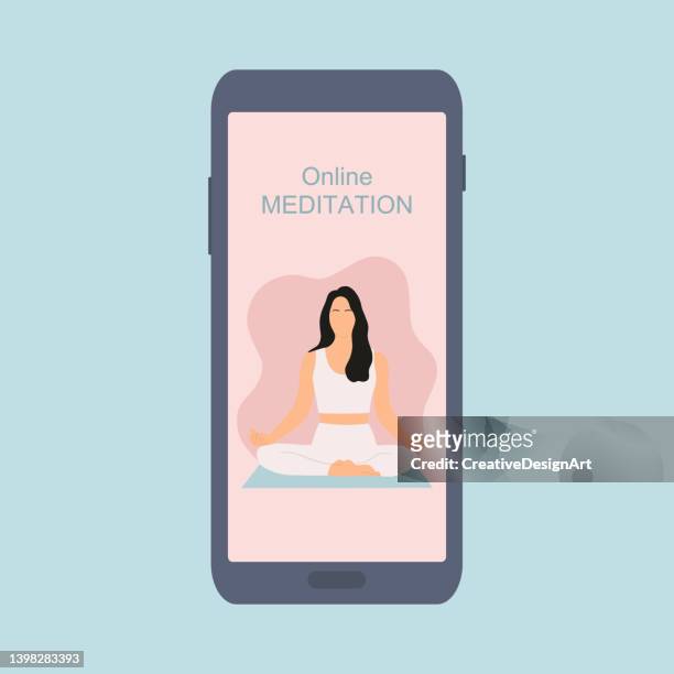 online-yoga-app auf dem smartphone mit junger frau, die in lotusposition sitzt und meditation praktiziert - yogalehrer stock-grafiken, -clipart, -cartoons und -symbole