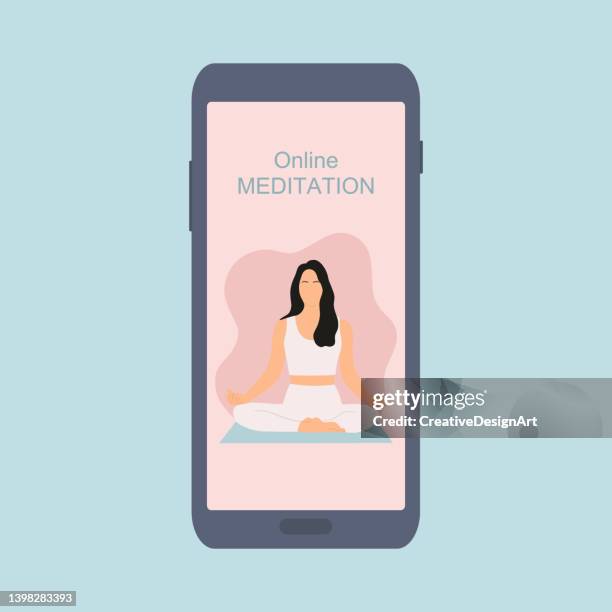 online yoga app on smartphone with young woman sitting in lotus position and practises meditation - yoga studio stock illustrations