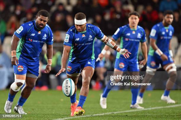 Teti Tela of Fijian Drua kicks the ball during the round 14 Super Rugby Pacific match between the Crusaders and the Fijian Drua at Orangetheory...