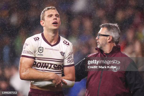 Tom Trbojevic of the Sea Eagles leaves the field with an injury during the round 11 NRL match between the Parramatta Eels and the Manly Sea Eagles at...