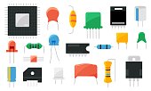 Electric circuit component. Capacitor transistor resistor conductor semiconductor electronic parts. Vector electric hardware element isolated set