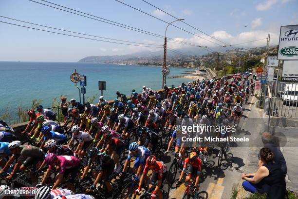 General view of Diego Rosa of Italy and Eolo-Kometa Cycling Team blue mountain jersey, Arnaud Demare of France and Team Groupama - FDJ purple points...