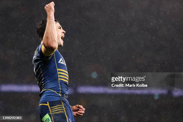 Mitchell Moses of the Eels celebrates kicking a sideline conversation during the round 11 NRL match between the Parramatta Eels and the Manly Sea...