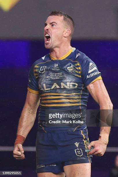 Clinton Gutherson of the Eels celebrates during the round 11 NRL match between the Parramatta Eels and the Manly Sea Eagles at CommBank Stadium, on...