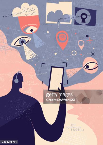 illustrazioni stock, clip art, cartoni animati e icone di tendenza di la tecnologia come minaccia al concetto di privacy - big brother orwellian concept
