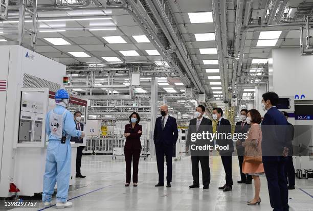 President Joe Biden and South Korean President Yoon Suk-yeol visit at Samsung Electronics Pyeongtaek campus on May 20, 2022 in Pyeongtaek, South...