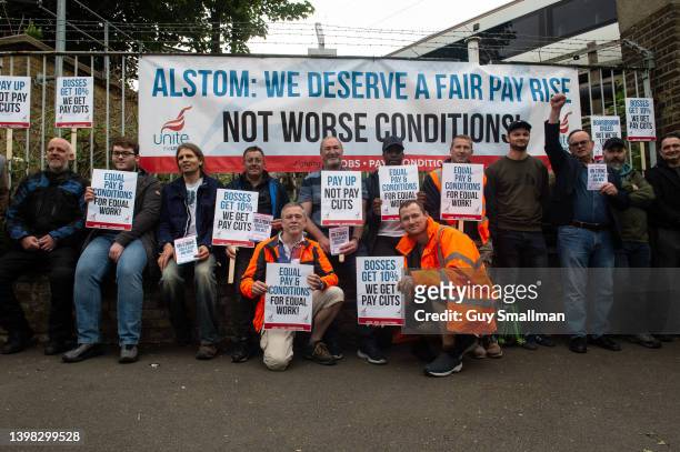 The picket line at the Barking depot on May 20, 2022 in London, England.UNITE Union members employed by Alstom are taking strike action over a...