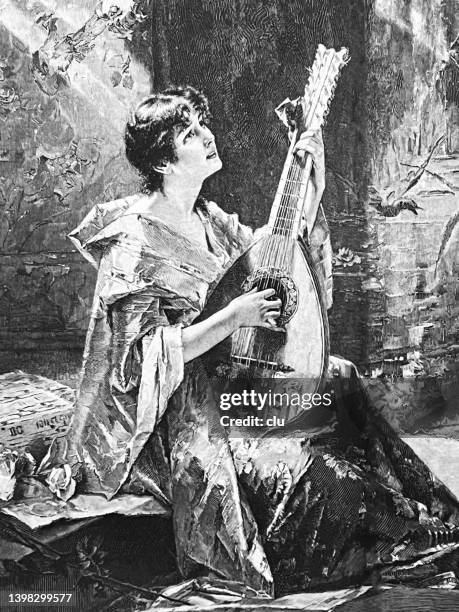 young sitting woman in long dress plays mandolin - mandolin stock illustrations