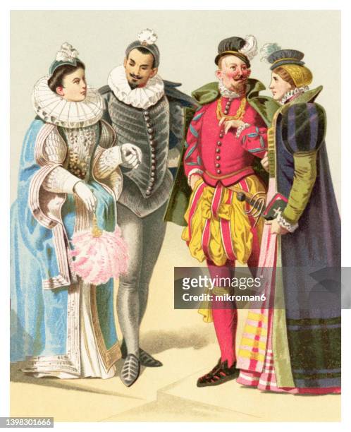 old chromolithograph illustration of 16th century costumes - costume designs stock pictures, royalty-free photos & images