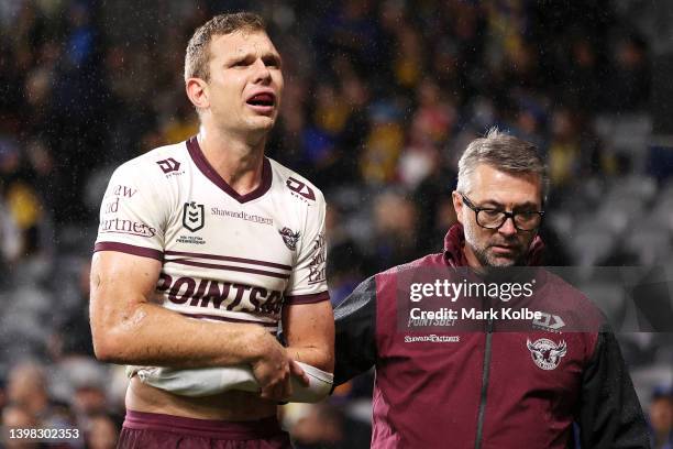 Tom Trbojevic of the Sea Eagles leaves the field with an injury during the round 11 NRL match between the Parramatta Eels and the Manly Sea Eagles at...