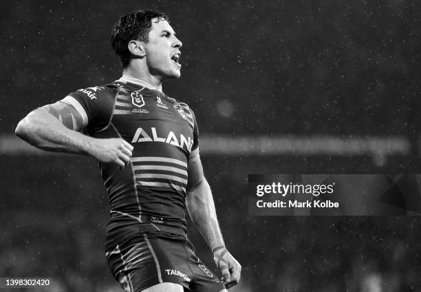 Mitchell Moses of the Eels celebrates kicking a sideline conversation during the round 11 NRL match between the Parramatta Eels and the Manly Sea...