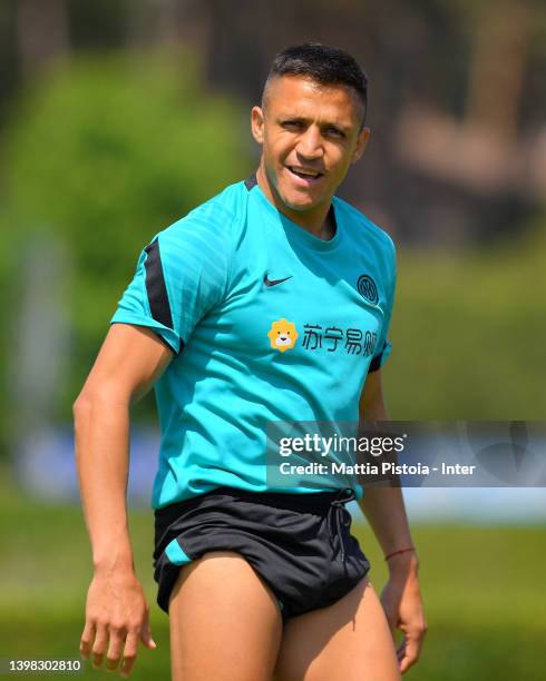 Alexis Sanchez of FC Internazionale looks on during the FC Internazionale training session at the club's training ground Suning Training Center at...