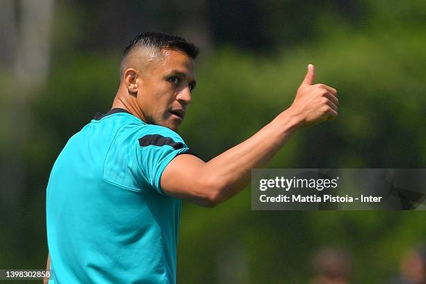 Alexis Sanchez of FC Internazionale gestuers during the FC Internazionale training session at the club's training ground Suning Training Center at...